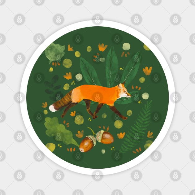 Watercolor illustration of a fox in the wood Magnet by Mimie20